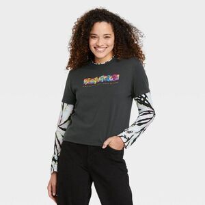 Womens Grateful Dead Layered Long Sleeve Baby Tee Small Grunge Kidcore Colorful